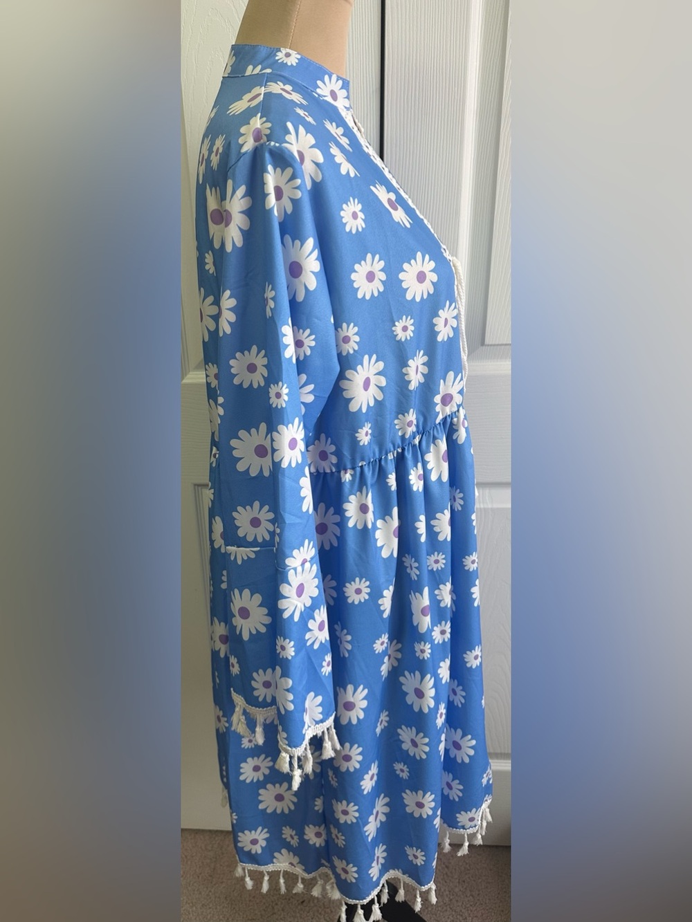 Blue Daisy Print Mini Dress with Tassel Tie - Picture 5 of 7